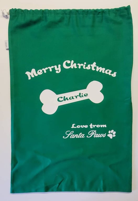 Personalised dog christmas sack for their presents - made in England. Pet gifts