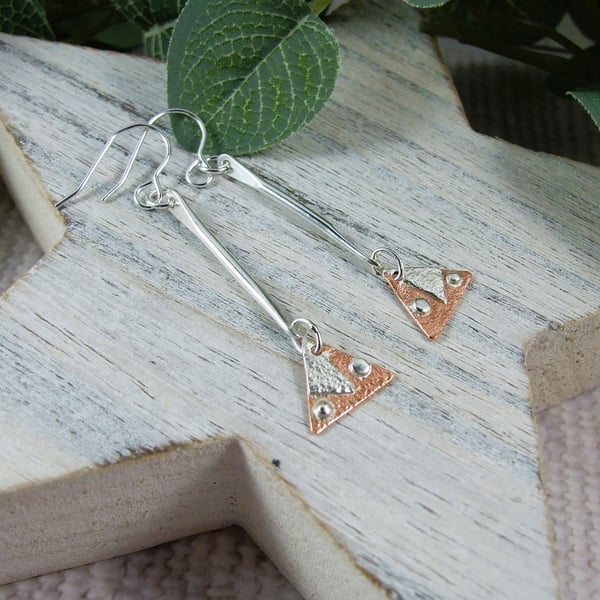 Earrings, Sterling Silver Bar and Copper Triangle Dropper Earrings