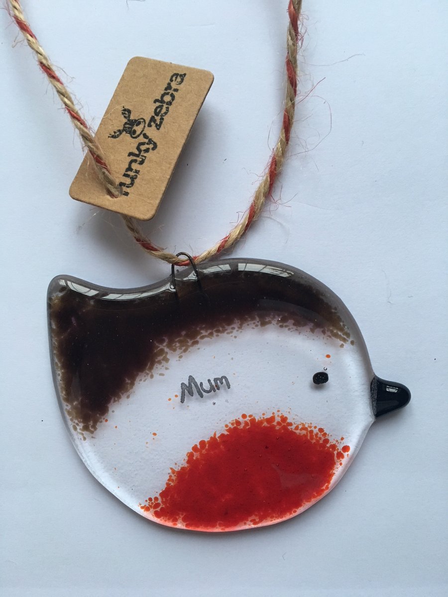Handmade Fused Glass "Mum" Robin Christmas Decoration