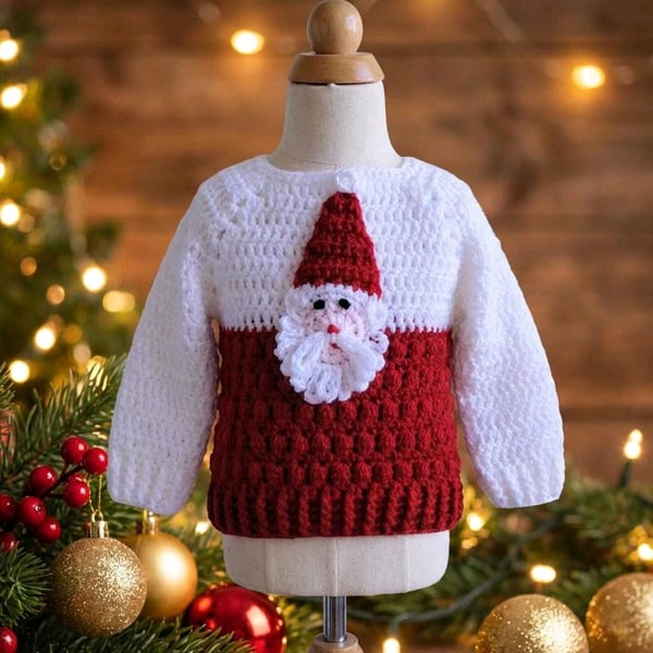 Festive Crochet Baby Jumper Santa Father Christmas, Red White Sweater 1-2 years 