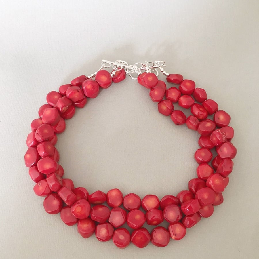 Red Coral Necklace - Triple Strand Necklace - Chunky Red Necklace