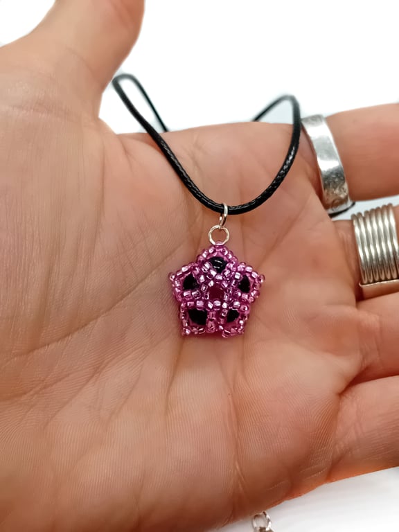 Pink and black beaded flower pendant cord necklace