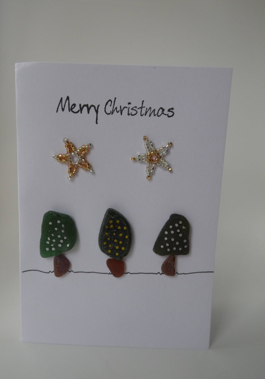 Sea Glass Christmas Trees with Gold & Silver Stars Christmas Card C185