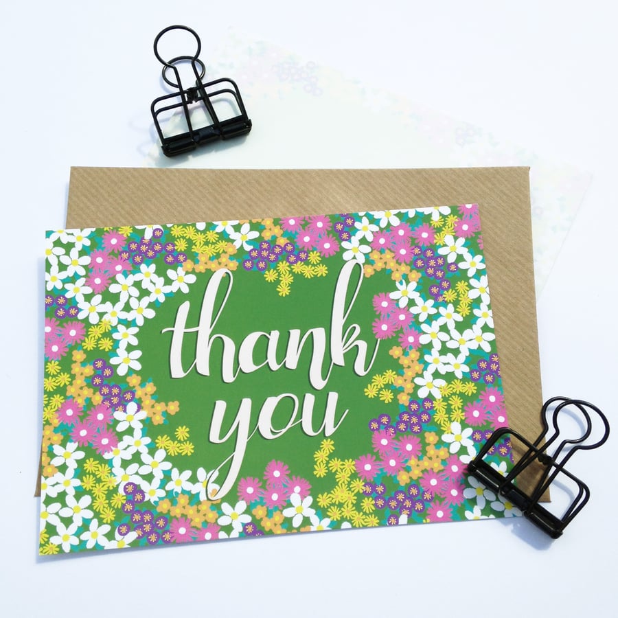 Pack of 10 Thank You Postcards with Brown Kraft Envelopes - Spring Floral