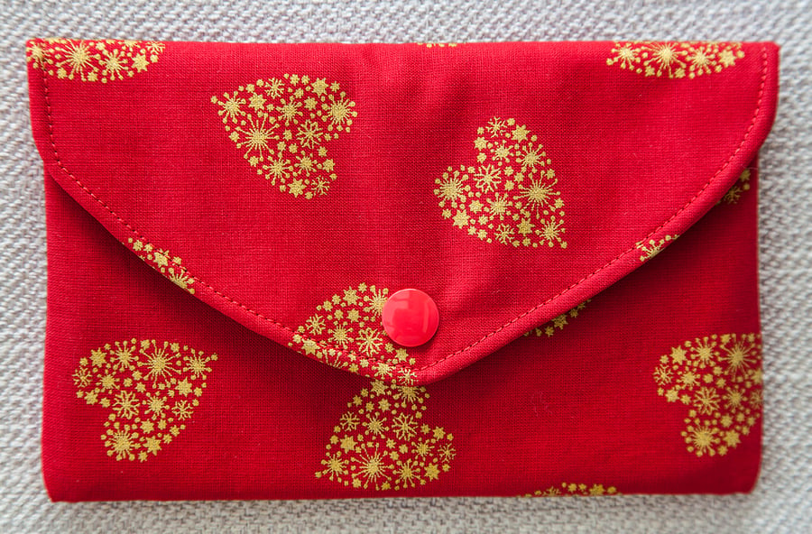 Padded Pouch Red with Gold Hearts for Mobile Phone Make-Up Credit Cards Tissues