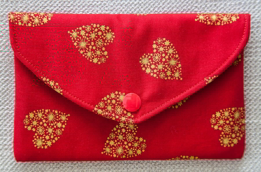 Padded Pouch Red with Gold Hearts for Mobile Phone Make-Up Credit Cards Tissues