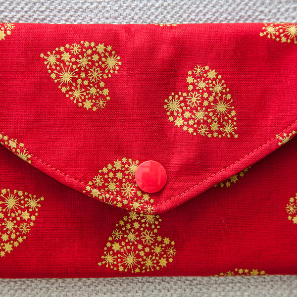 Padded Pouch Red with Gold Hearts for Mobile Phone Make-Up Credit Cards Tissues