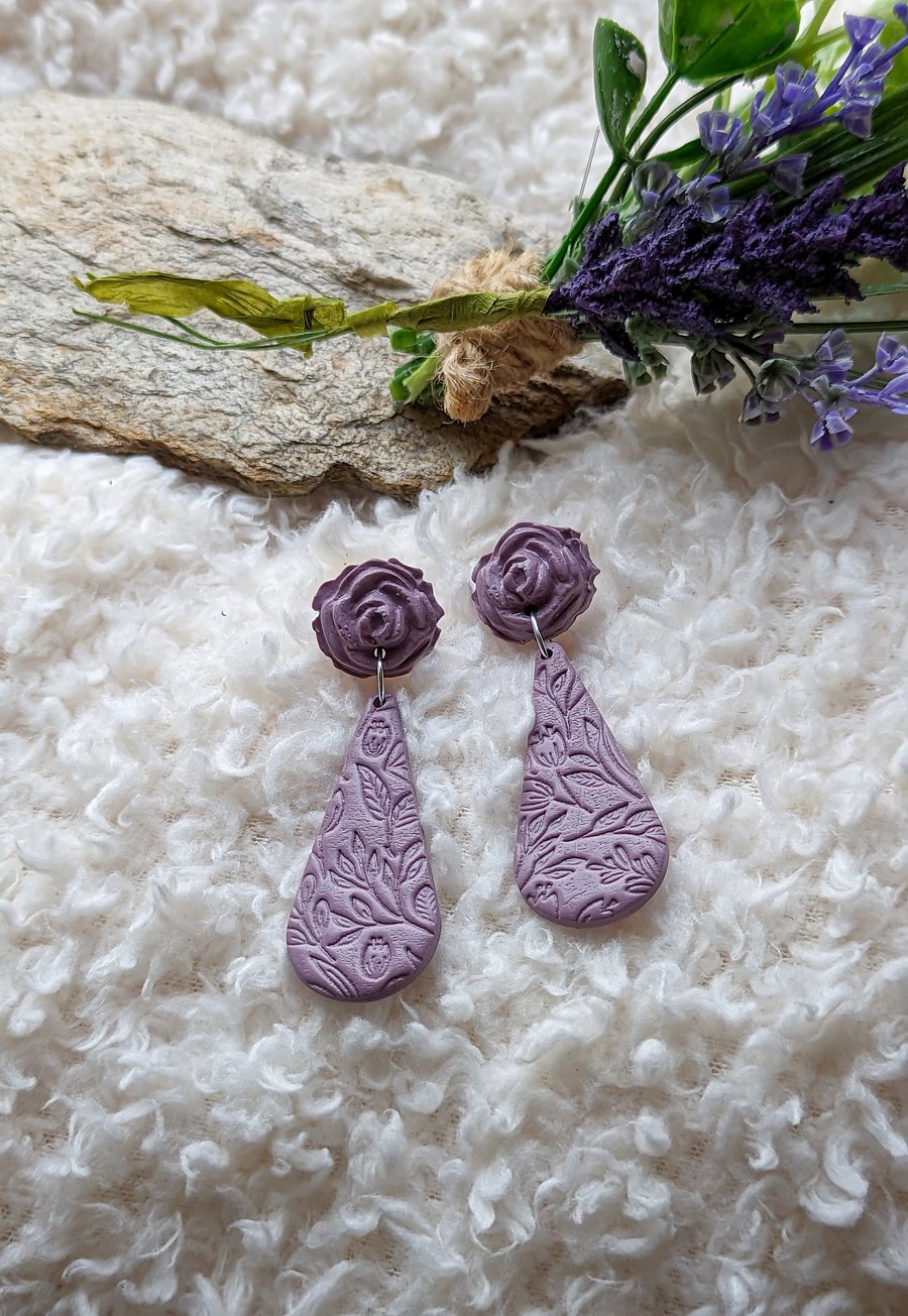 Rose & Tear Drop Stud Earring Dangles