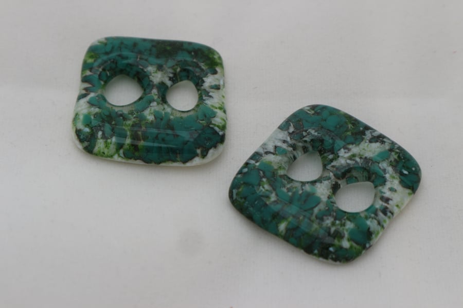 Handmade pair of cast glass buttons - Square teal sands 