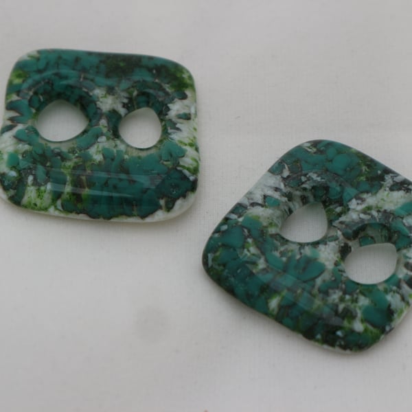 Handmade pair of cast glass buttons - Square teal sands 