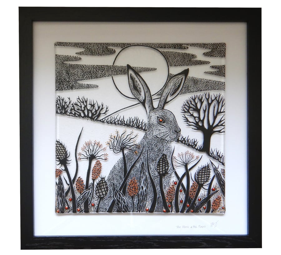 HANDMADE FUSED GLASS 'THE HARE & THE MOON' PICTURE.