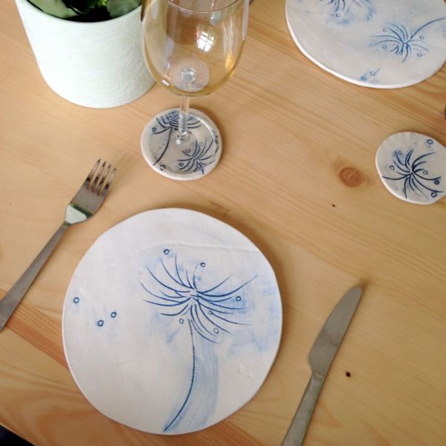 Set of 4 Blue Dandelion Ceramic Place mats