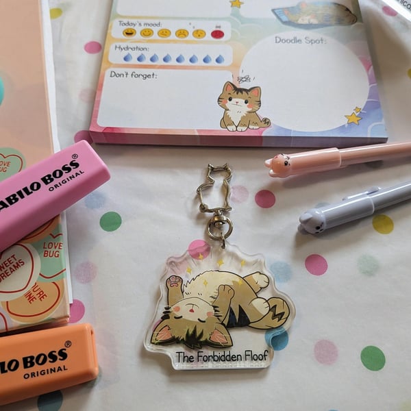 Forbidden Floof Cat Acrylic Keychain, Holographic Star Glitter Charm, Cat Owner 