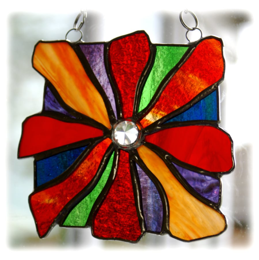 RESERVED Rainbow Fire Stained Glass Suncatcher Handmade Abstract Flames Bonfire