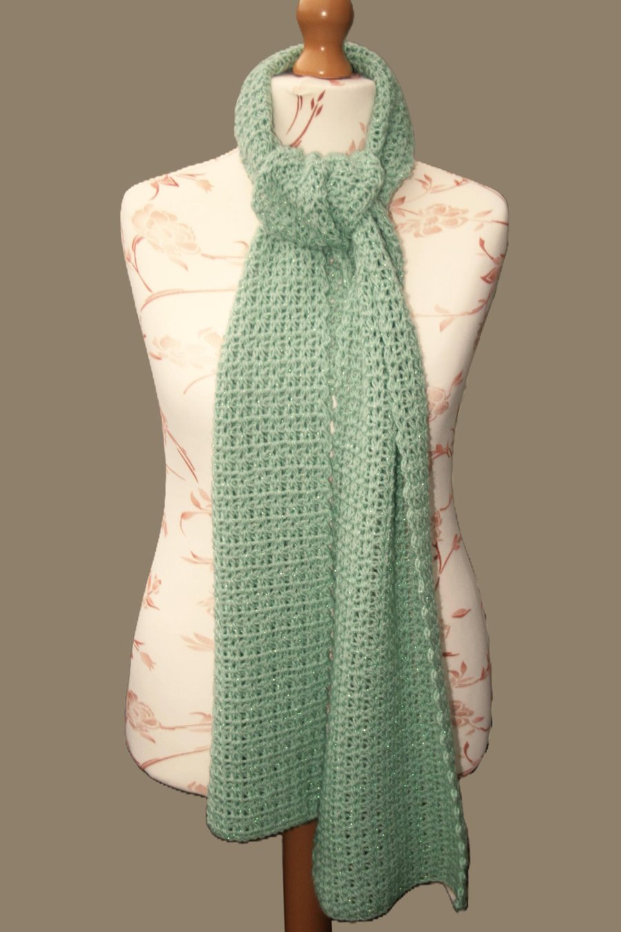 Beautiful Sage Sparkle Crochet Scarf 