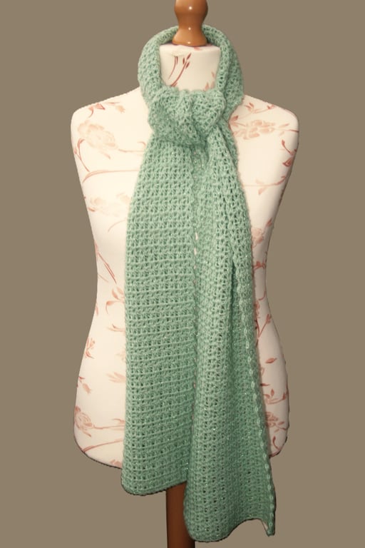 Beautiful Sage Sparkle Crochet Scarf 