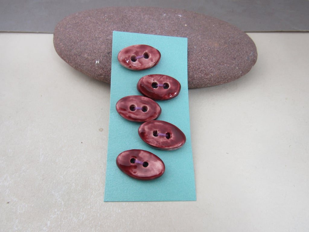 5 Small Oval Rose Red Ceramic Buttons