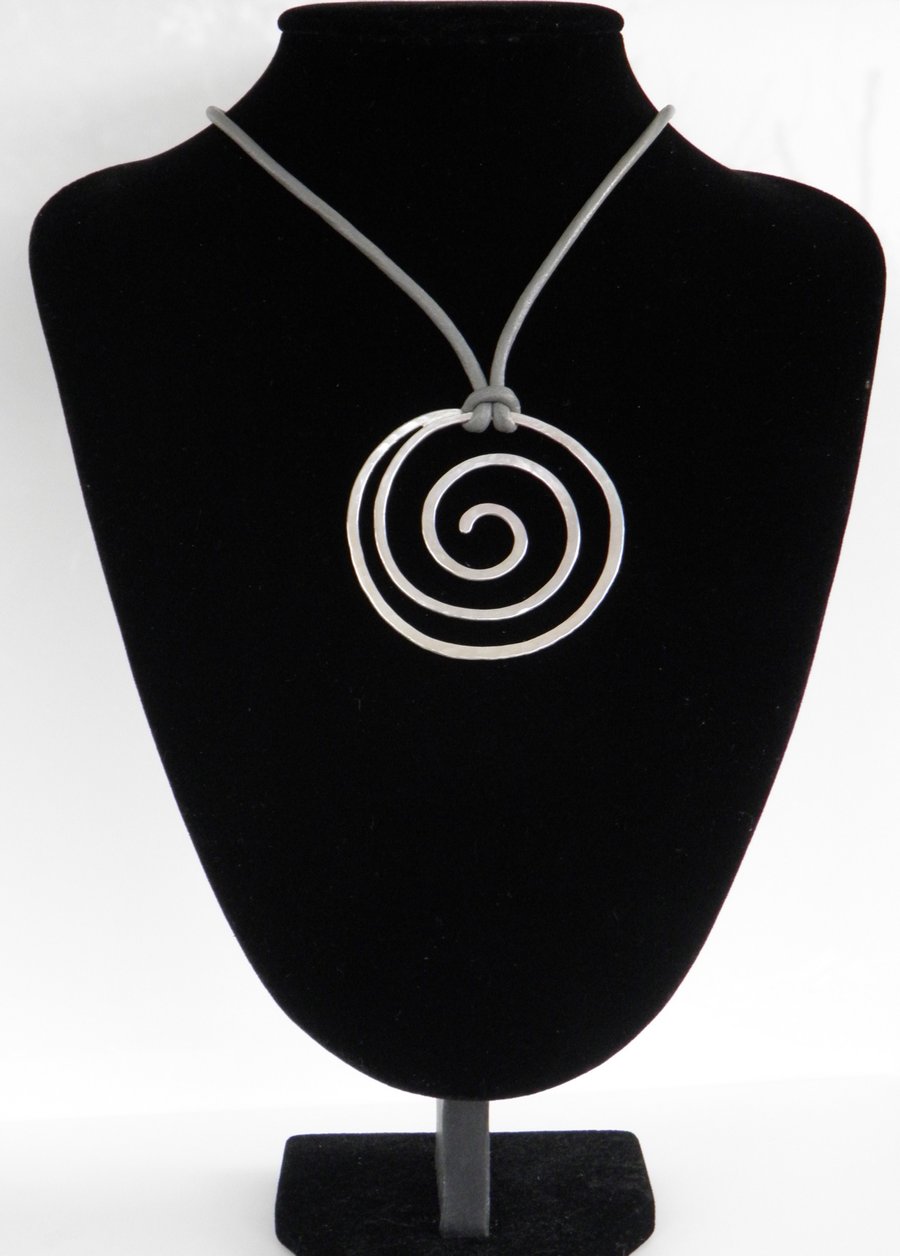 Large Silver Spiral Necklace on Soft Grey Leather Artisan