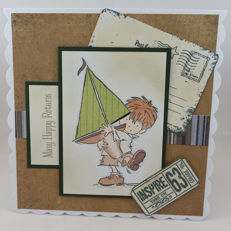 Handmade birthday card - little boy with boat 