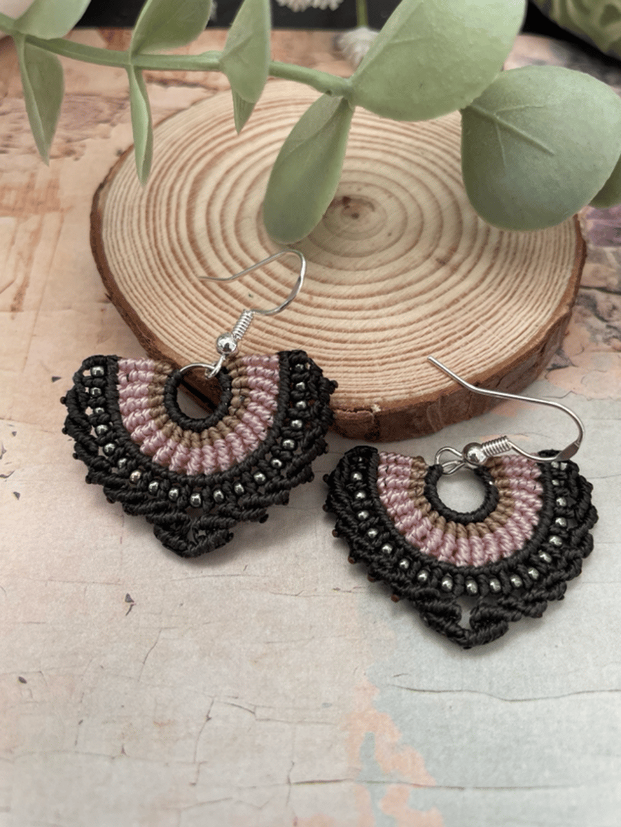 Boho tear drop design beaded micro macrame dangle statement earrings 
