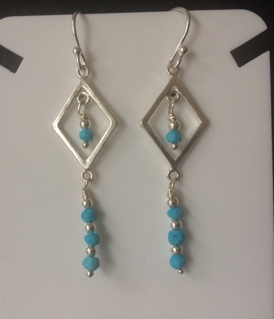 Turquoise Earrings, Long Dangle Diamond Shape Statement Earrings, 