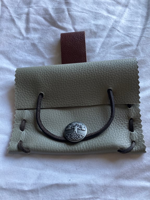 Small Pouch - Grey Leather Medieval Style - Tree of Life Style Closure FREE SHIP