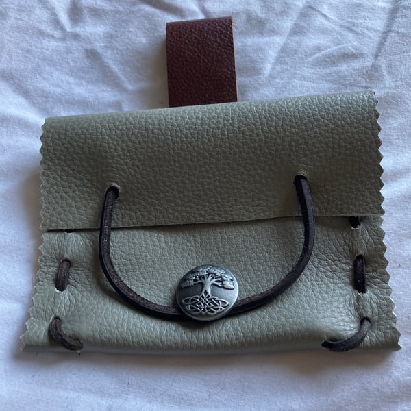 Small Pouch - Grey Leather Medieval Style - Tree of Life Style Closure FREE SHIP
