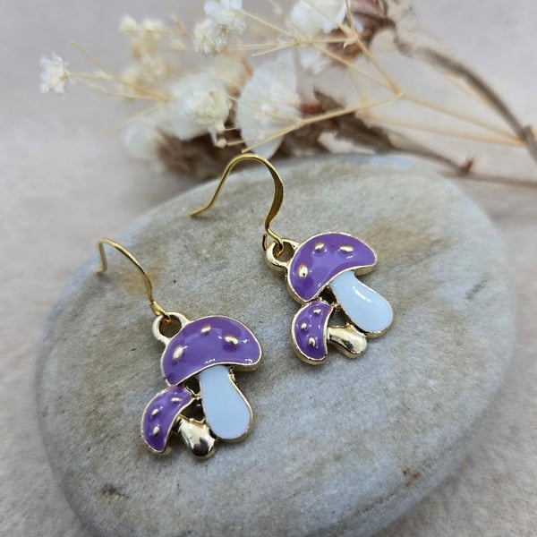 handmade gold plated hypoallergenic earrings with purple toadstool charms 