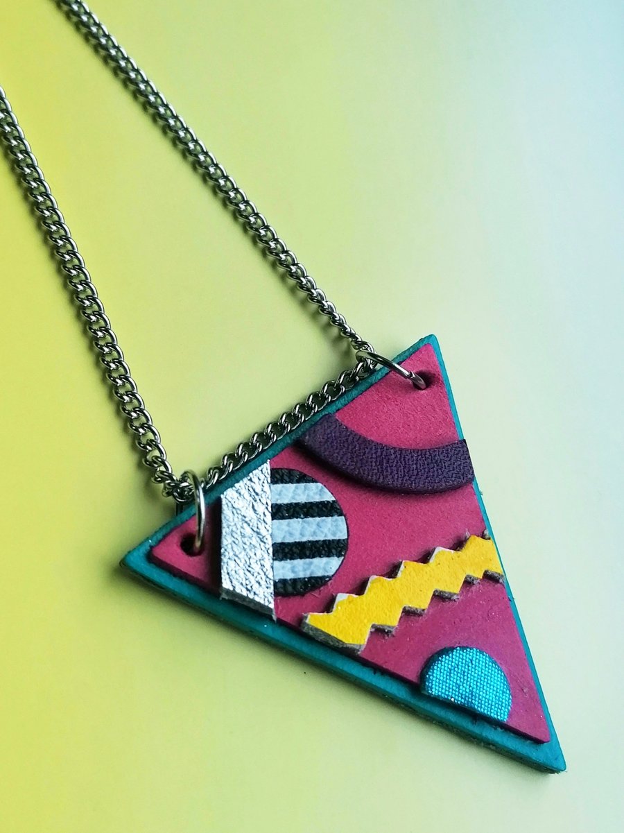 Triangle Statement Necklace - Unique Memphis Style Pendant - Repurposed Leather