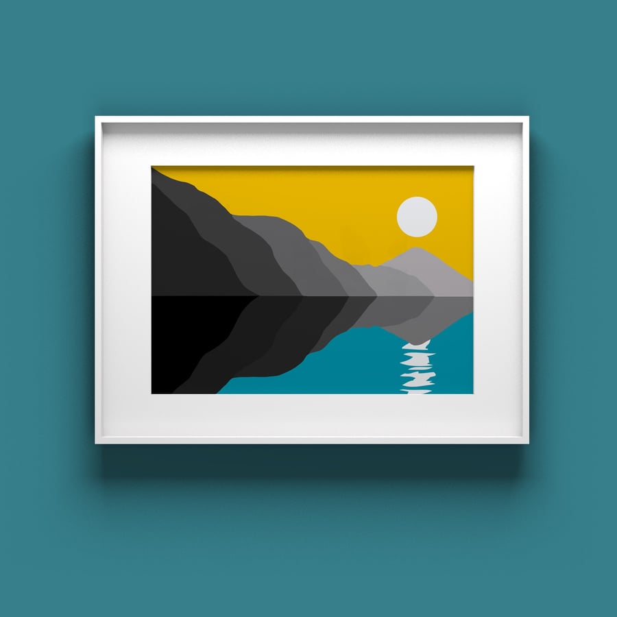 Blue and yellow modern moon print, abstract seascape print, simple wall art