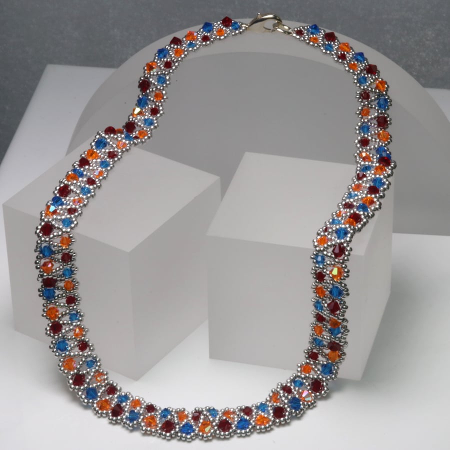Vibrant Netted Necklace in Red, Blue and Amber