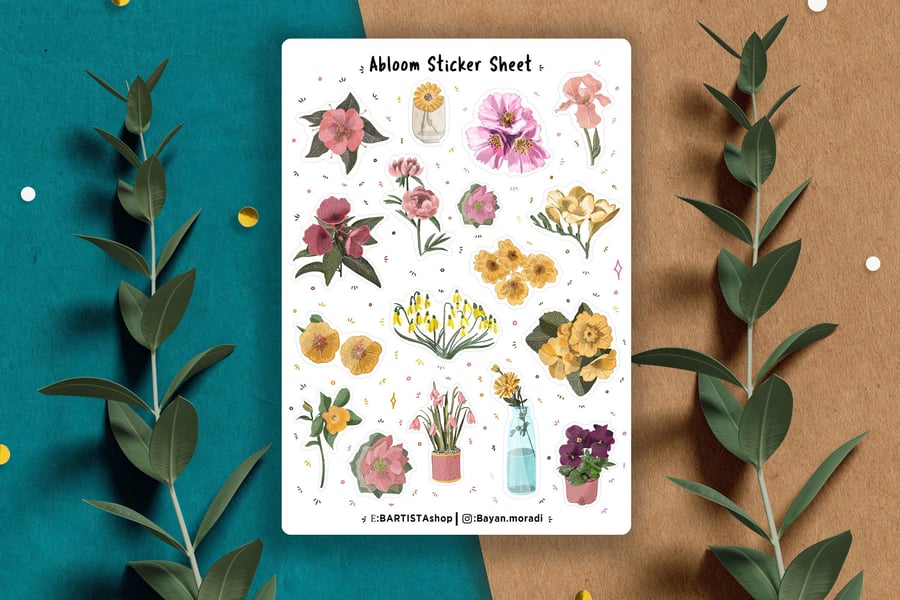Abloom Flower sticker sheet , Planner stickers , bullet journal stickers, floral