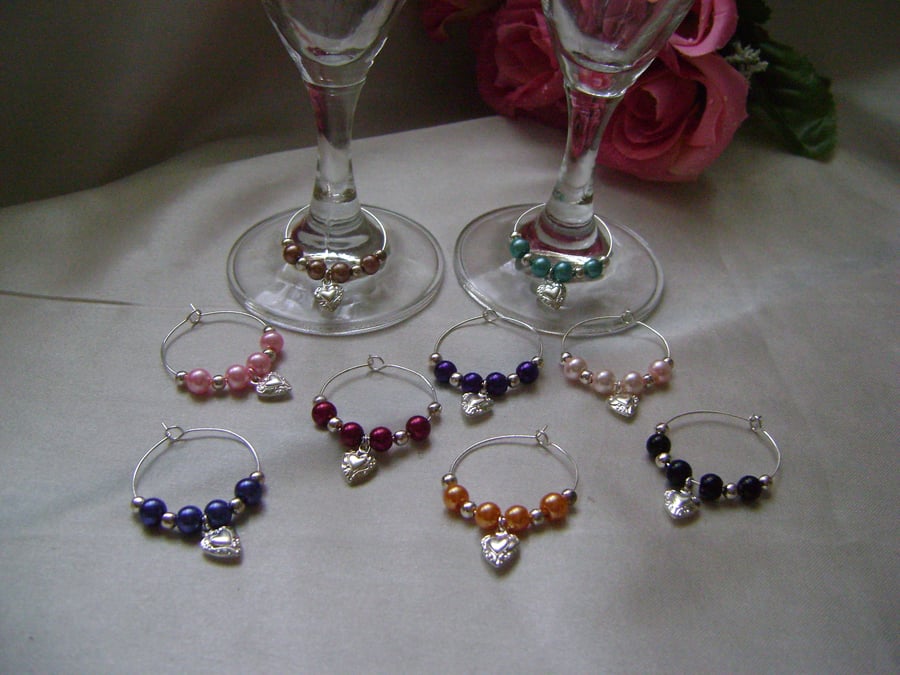 6 Silver Hearts Wine Glass Decorations