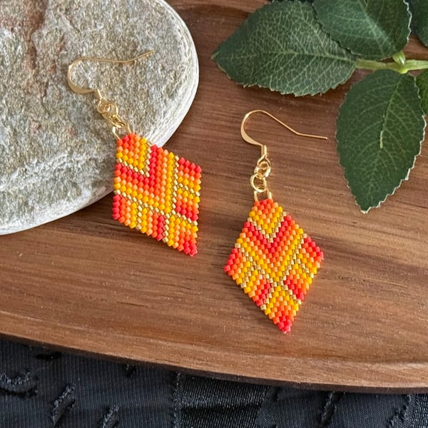 Colourful Orange and Gold Beadwork Diamond Earrings