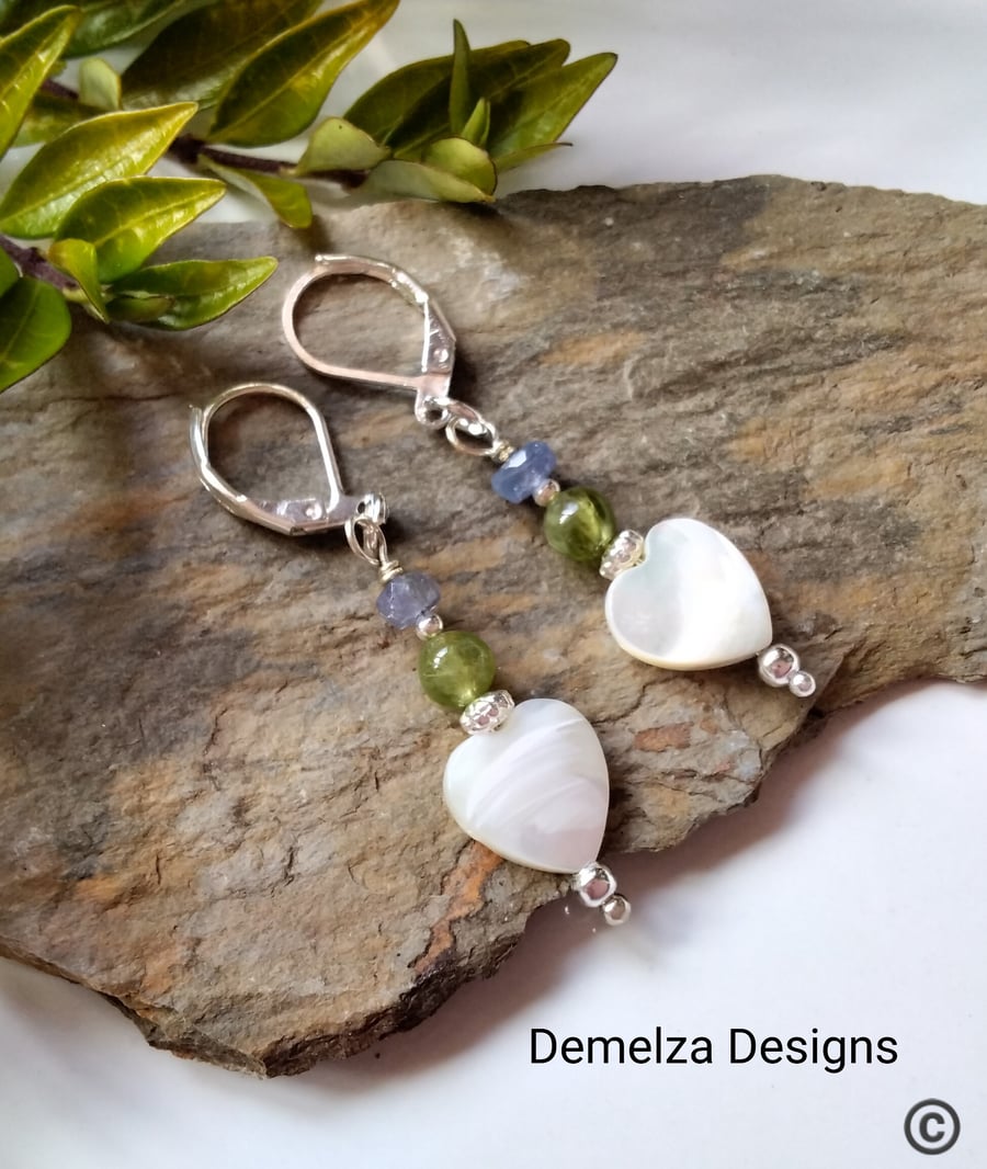 Dainty Mother of Pearl,  A Grade Tanzanite & Peridot Lever Back Earrings 