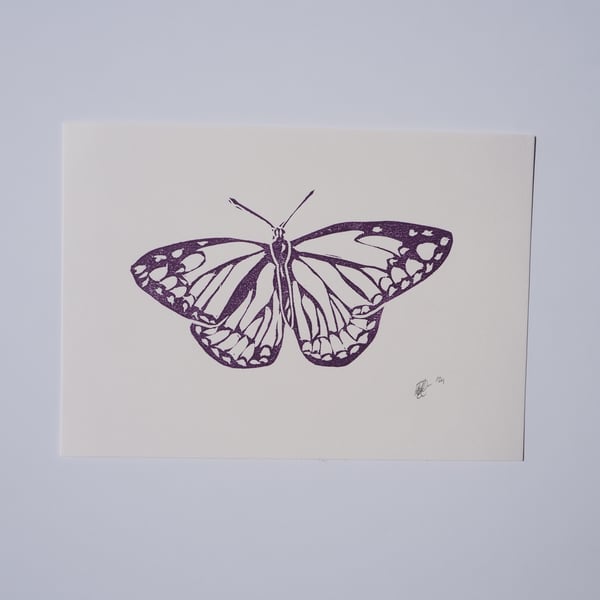 Butterfly Handprinted Original Block Print in Purple