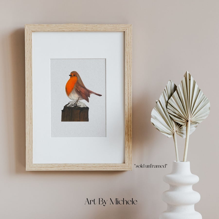 Red Robin Winter Print: Snowy Tree Stump Art, Nature Lover Gift