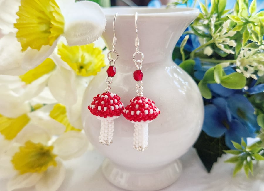 Red Beaded Toadstool Earrings 