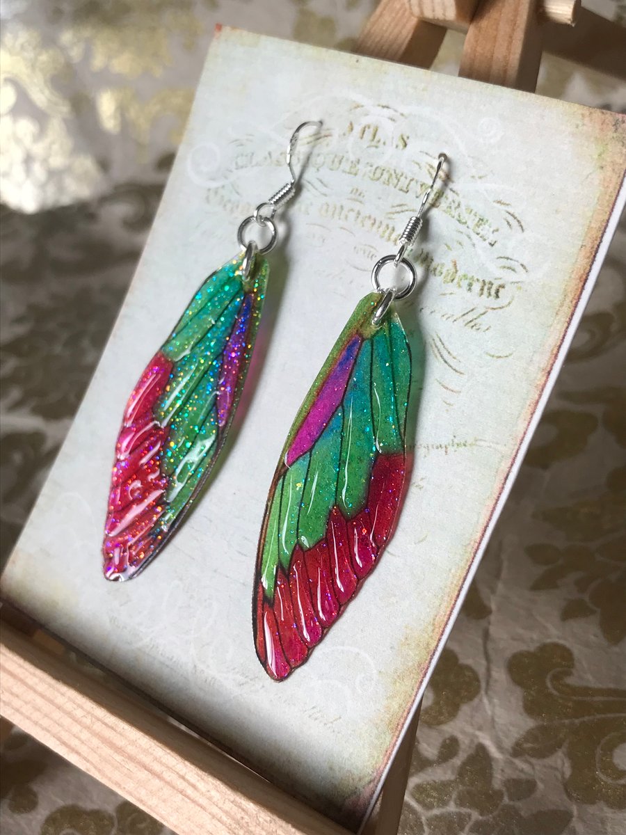 Green and Orange  Fairy Wing Sterling Silver Earrings