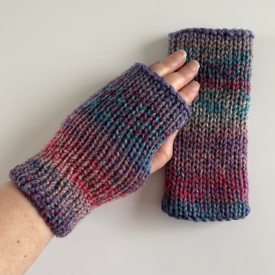 Multicoloured Knitted Fingerless Gloves, handmade wrist warmers, FREE DELIVERY 