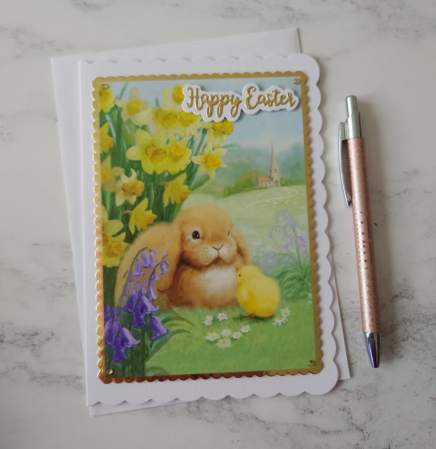 Happy Easter Bunny Chick Daffodils Spring Countryside 3D Luxury Handmade Card
