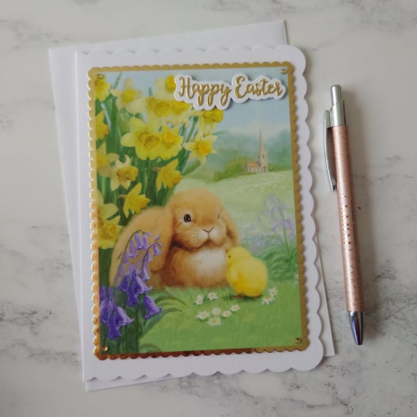 Happy Easter Bunny Chick Daffodils Spring Countryside 3D Luxury Handmade Card