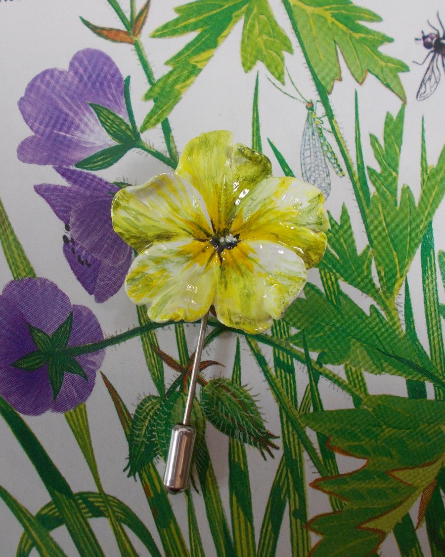 Delicate PRIMROSE PIN Yellow Wedding Lapel Flower Brooch HANDMADE HAND PAINTED