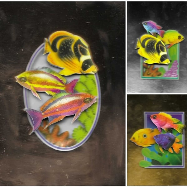 Set of 3 3D Decoupage Toppers. Fish. Approx 10.5x14.5cm. Mounted On Mirror Card.