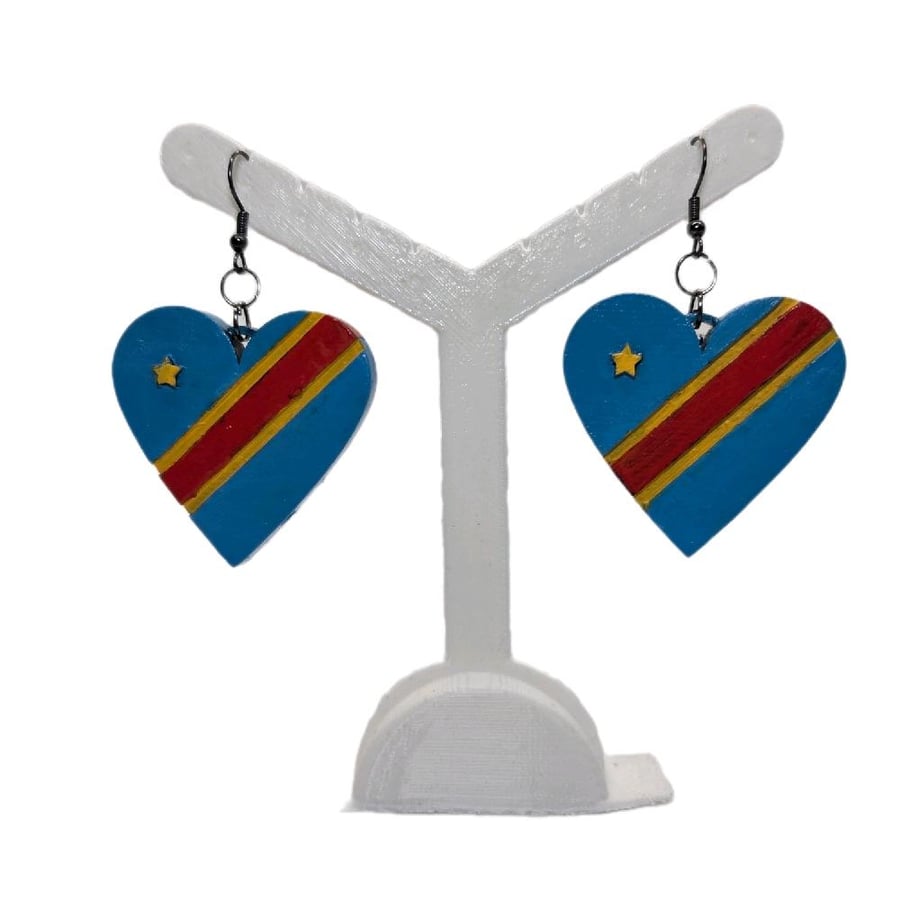 Image of DRC flag earrings, love Democratic republic of the Congo, loveheart jewellery,