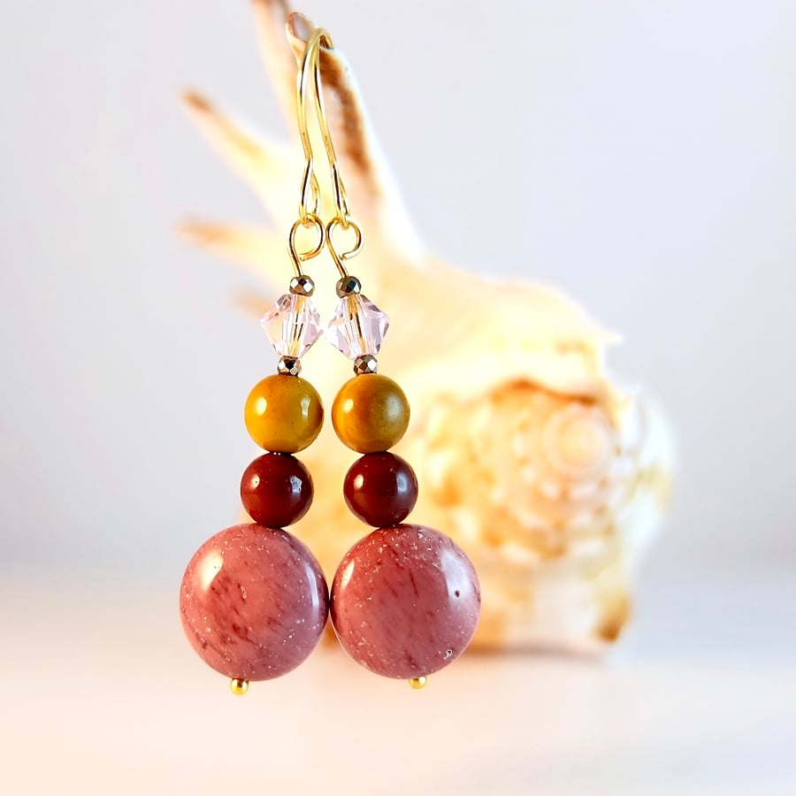 Mookaite Earrings With Pink Swarovski Crystal - Handmade In Devon