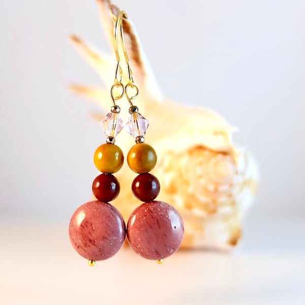 Mookaite Earrings With Pink Swarovski Crystal - Handmade In Devon