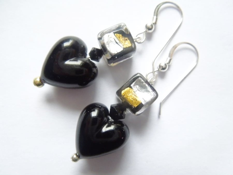Murano glass black, silver and gold drop earrings with Swarovski.