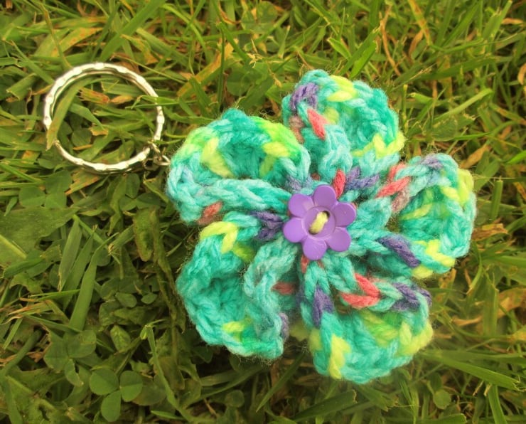 Green multicoloured crochet flower keyring or k... Folksy