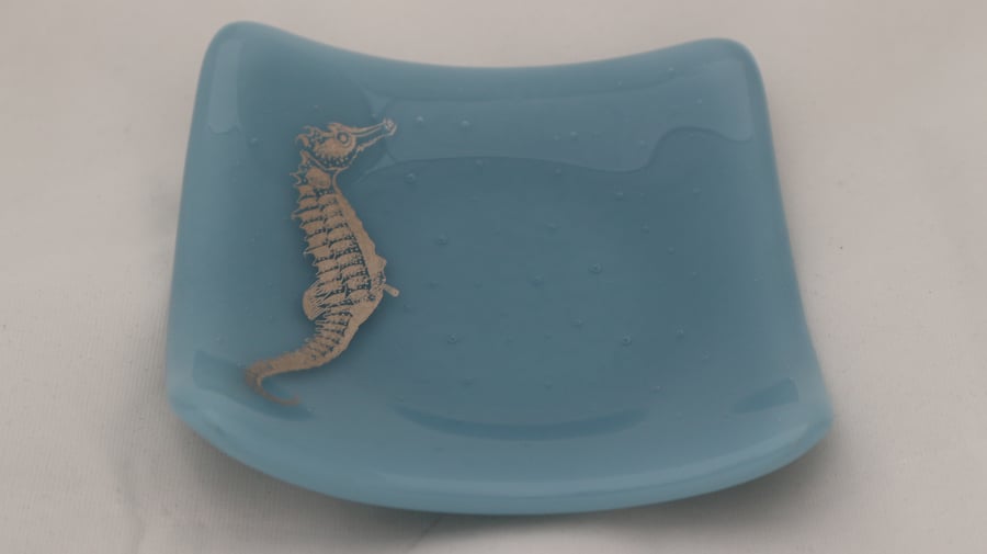 Handmade  fused glass trinket bowl or soap dish- platinum seahorse on china blue